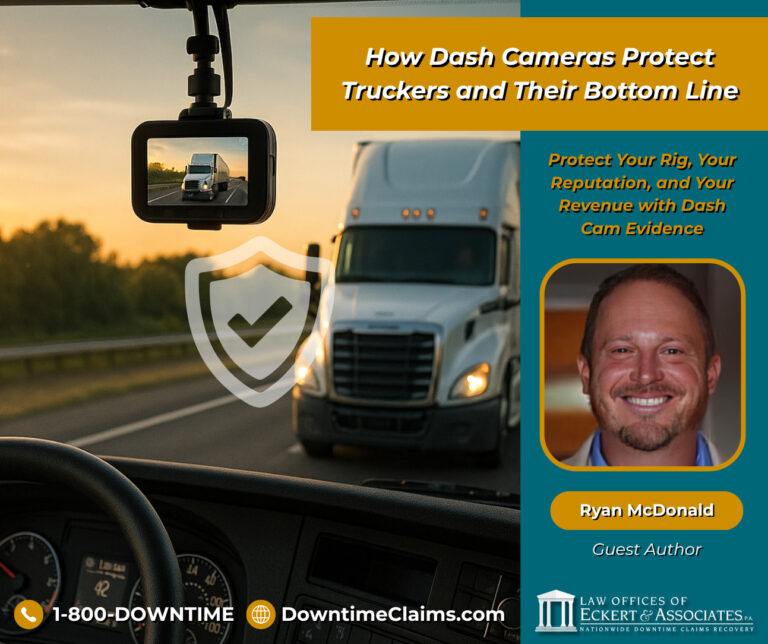 Dashboard camera recording a semi truck on the road, with an inset of guest author Ryan McDonald and text about dash cam benefits for truckers, presented by a law office.