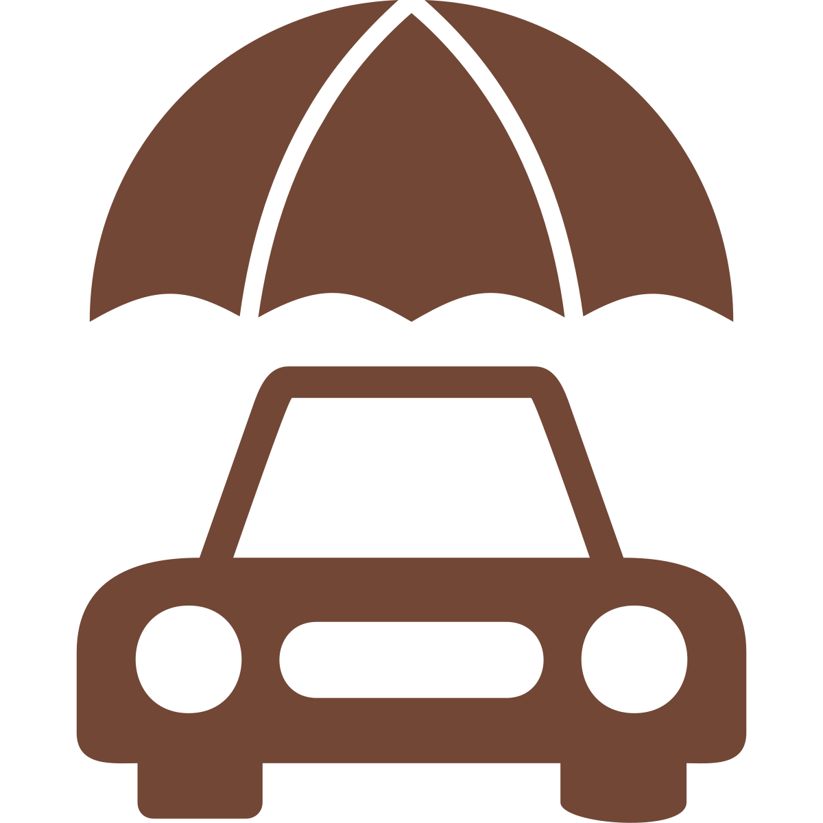 Brown icon of a car with an umbrella above it, representing car insurance or vehicle protection.