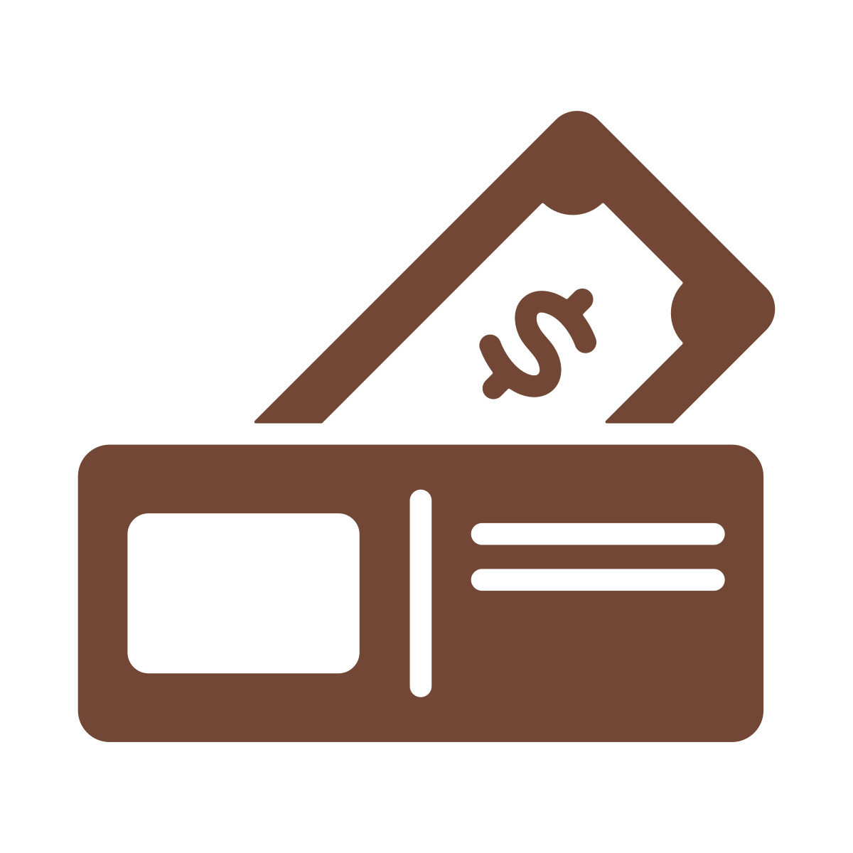 Brown icon of a paper bill with a dollar sign being inserted into a rectangular slot, resembling a payment or cash deposit.