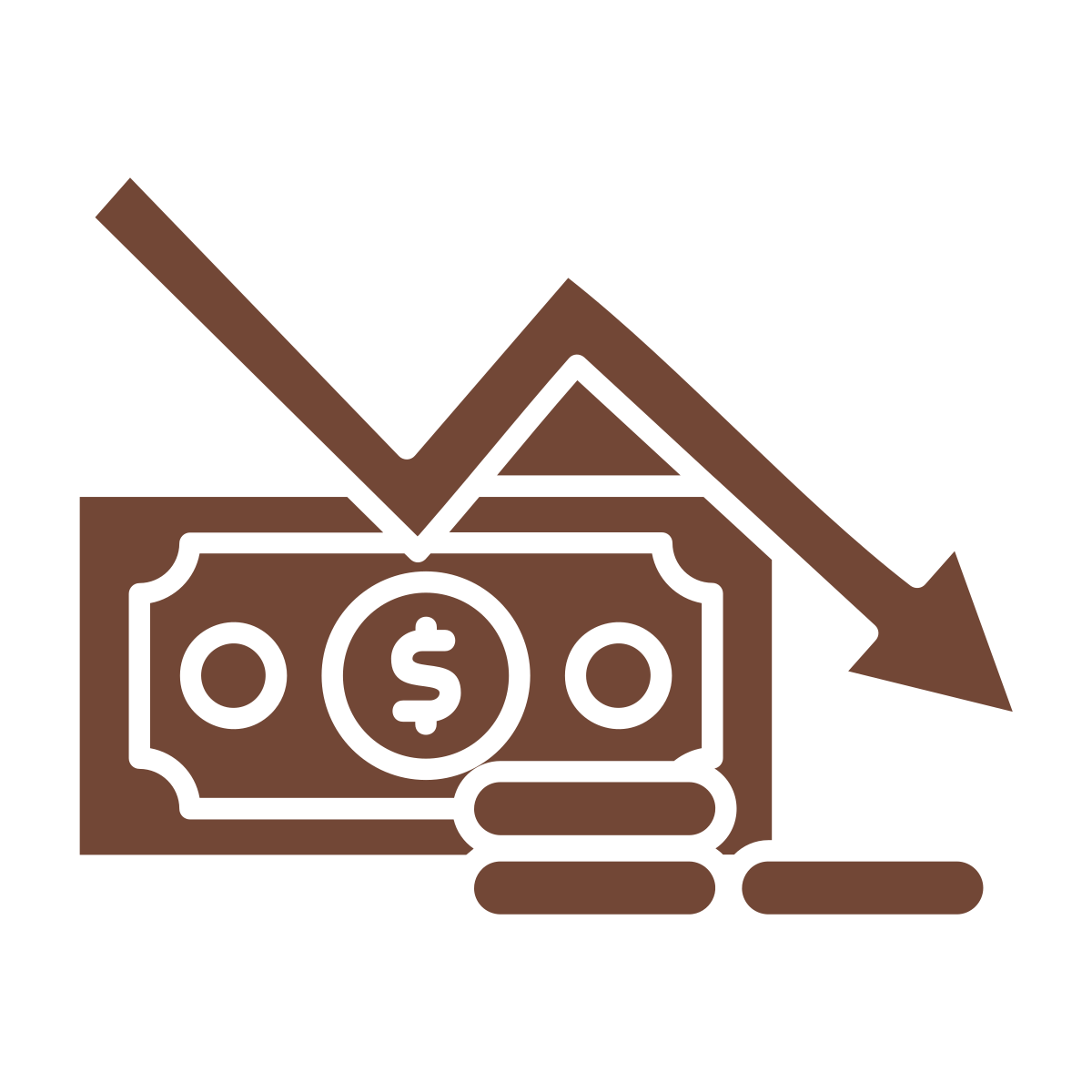 Brown icon of a dollar bill and coins with a downward arrow, symbolizing a decline in financial value or economic loss.