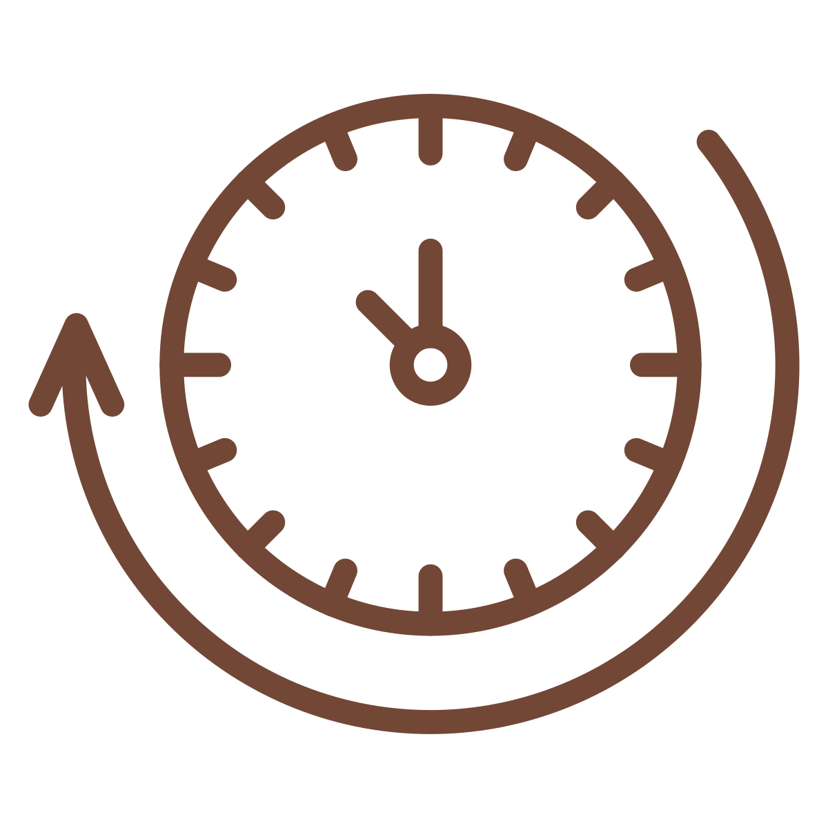 A brown outline of a clock showing 2:00, with a curved arrow circling clockwise around it, indicating the concept of time or rewinding time.