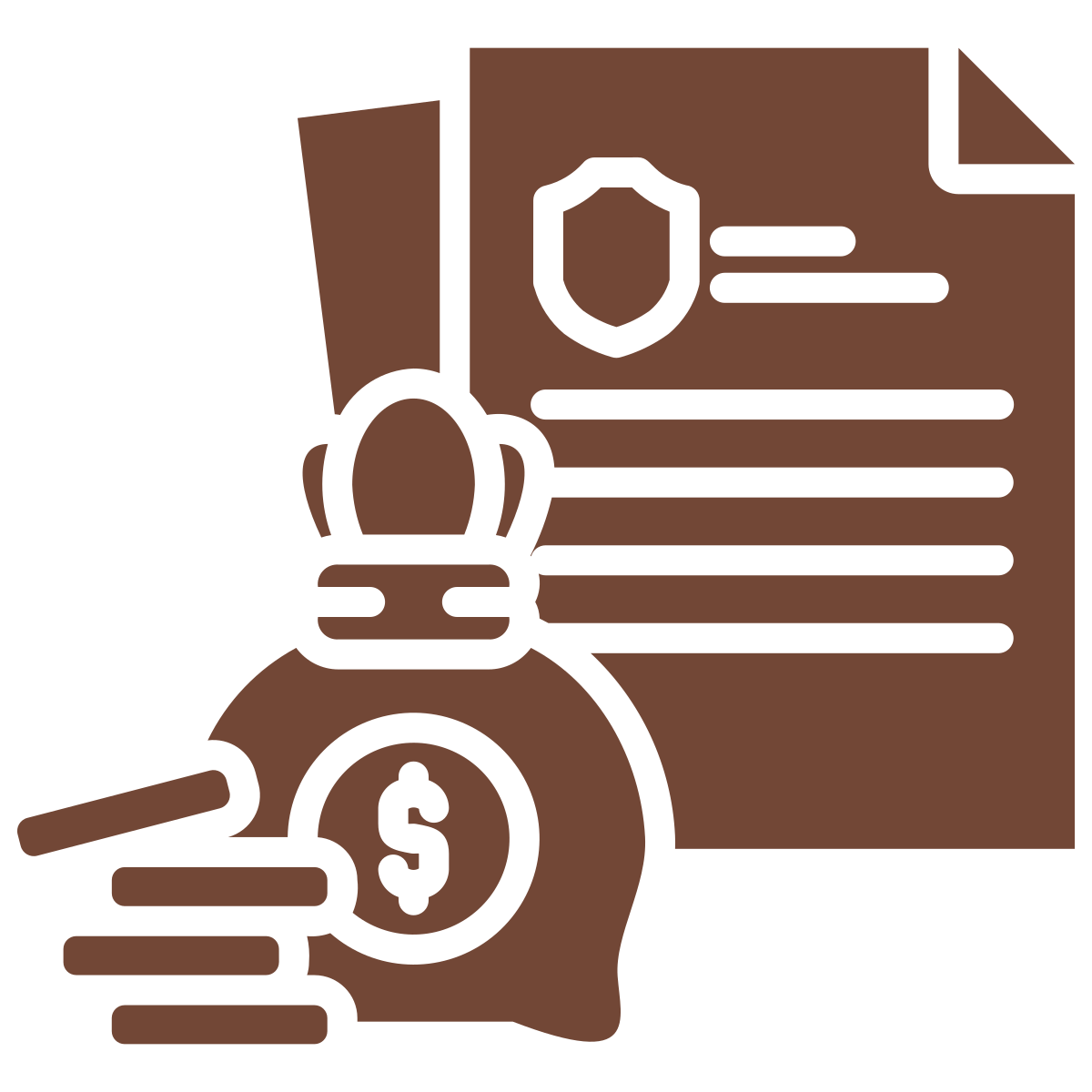 Brown icon showing documents, a money bag with a dollar sign, and stacked coins, representing financial or legal concepts.