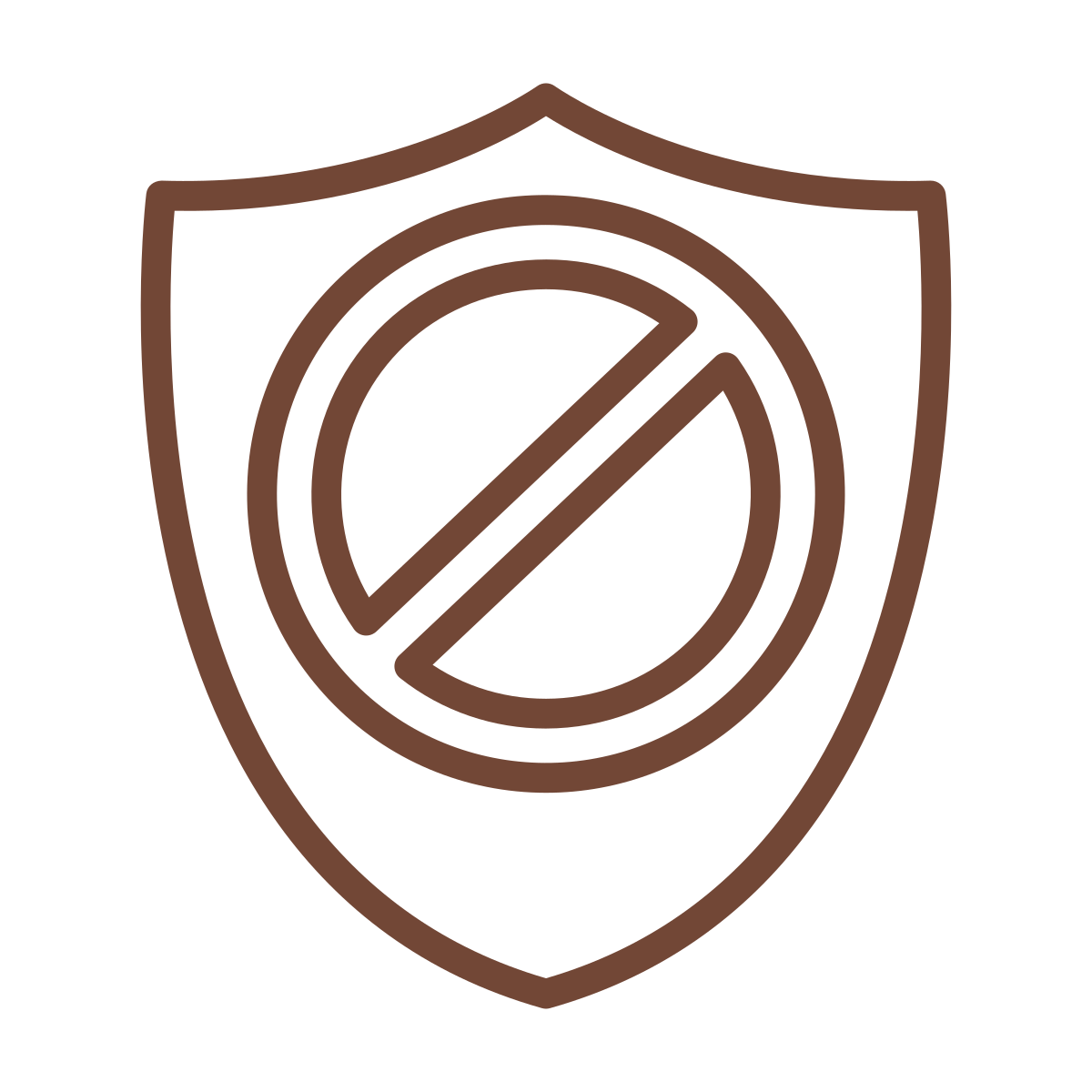 A brown shield outline with a prohibition symbol inside, depicted by a circle with a diagonal line crossing through it, on a white background.