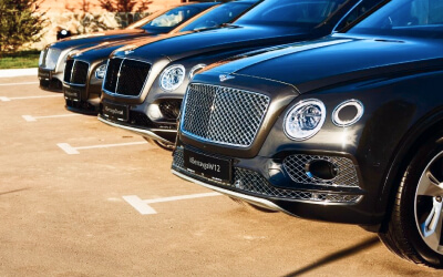 A row of black Bentley cars parked outdoors in marked parking spaces, showing their front grilles and headlights.